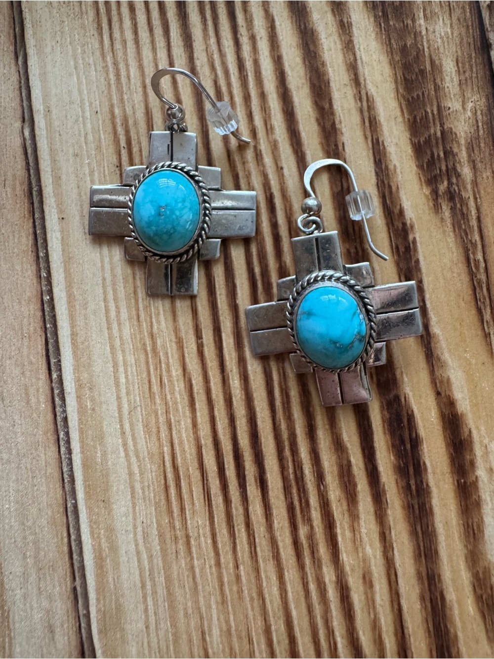 Native American Turquoise Stone Sterling Zia Drop Earrings